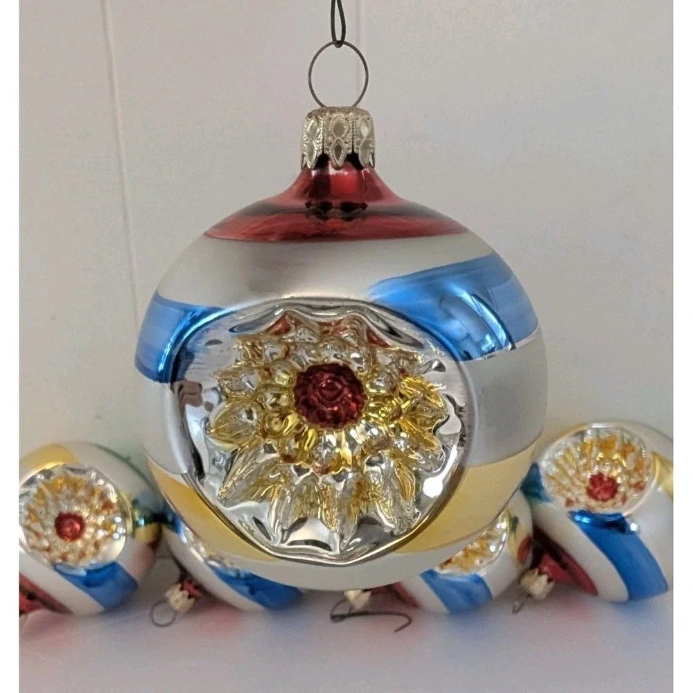5 Mercury Glass Indent Reflector West Germany Ornaments Blue Green Gold Silver